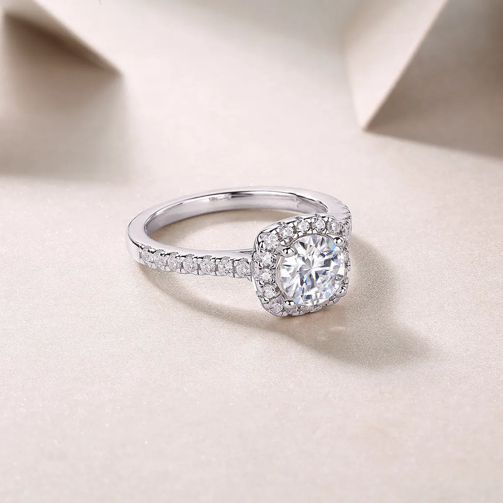 Women S925 Silver Cushion Halo Moissanite Pave Band Engagement Ring