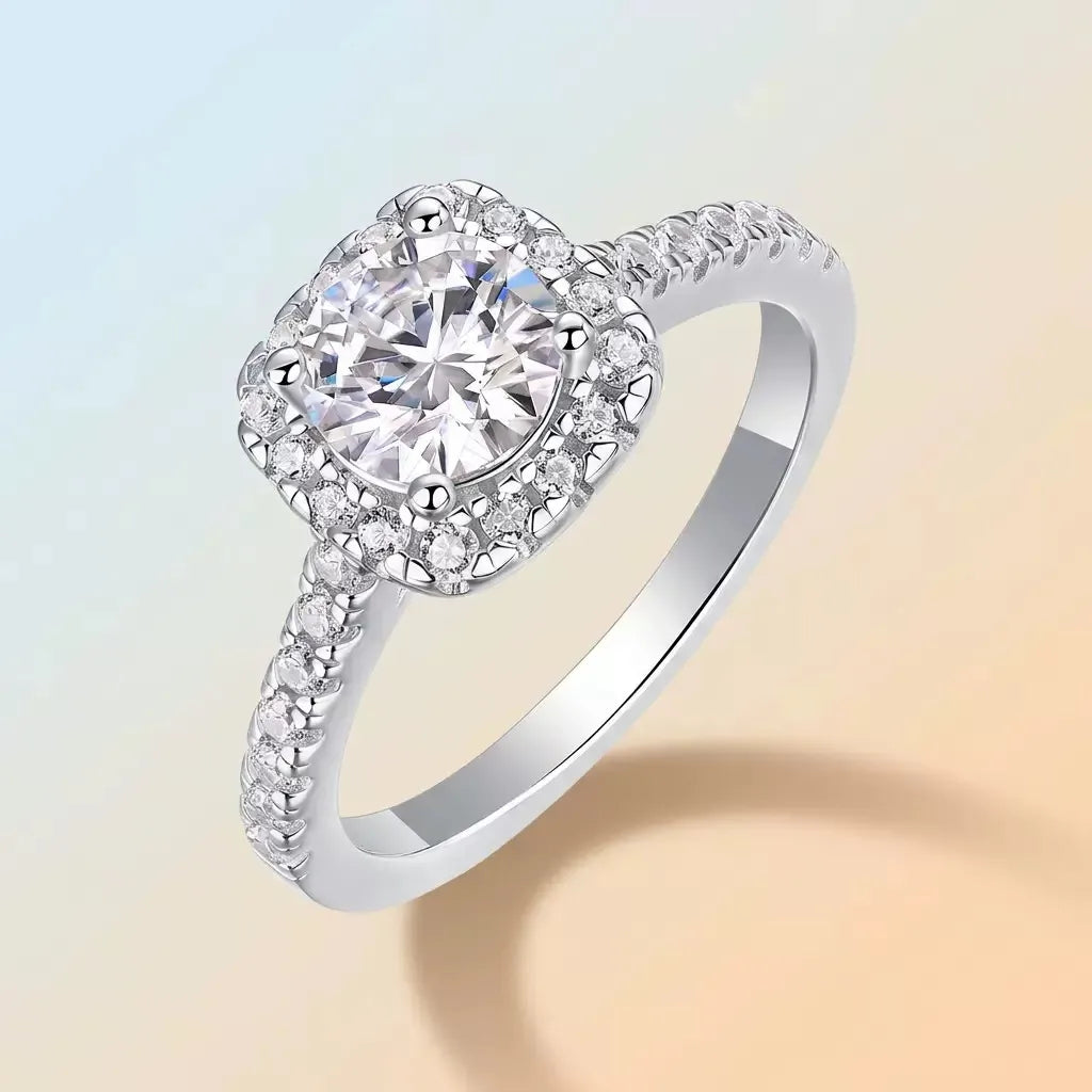 Women S925 Silver Cushion Halo Moissanite Pave Band Engagement Ring