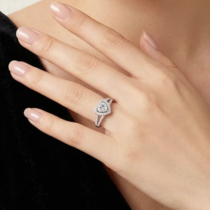 Women S925 Silver Heart Halo Moissanite Split Shank Engagement Ring
