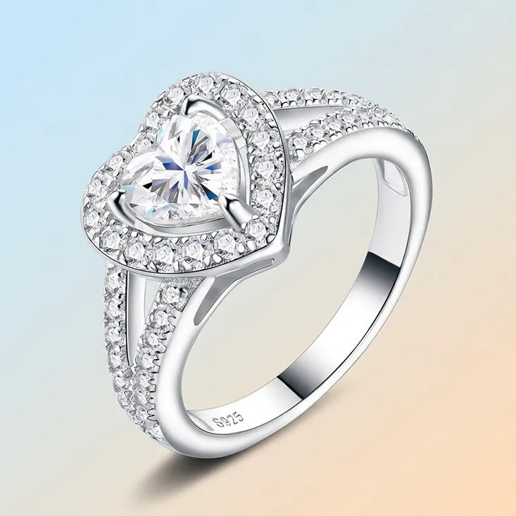 Women S925 Silver Heart Halo Moissanite Split Shank Engagement Ring