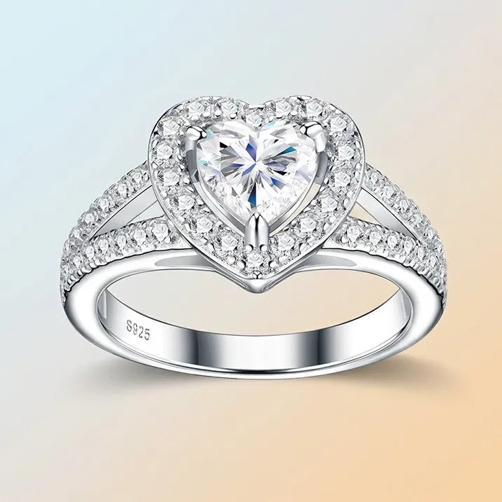 Women S925 Silver Heart Halo Moissanite Split Shank Engagement Ring