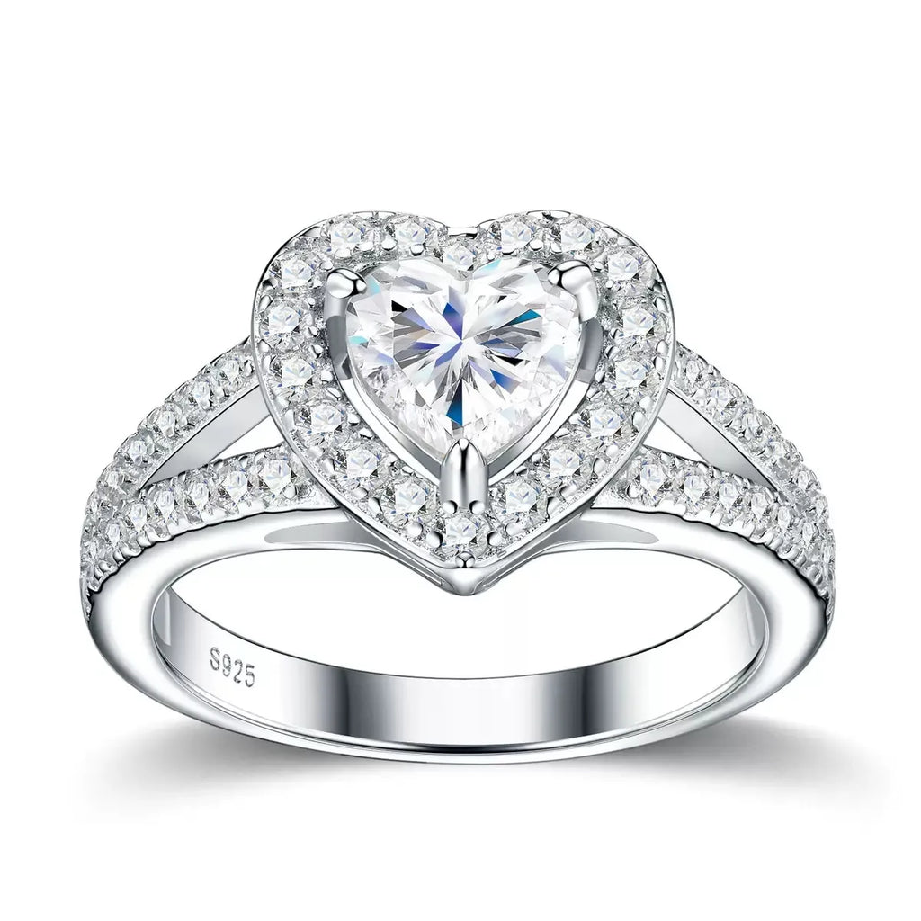 Women S925 Silver Heart Halo Moissanite Split Shank Engagement Ring