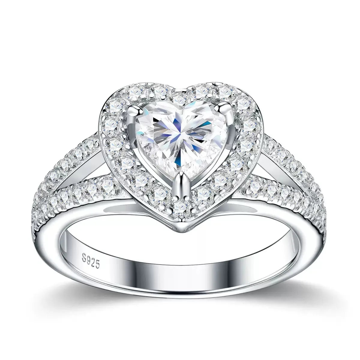 Women S925 Silver Heart Halo Moissanite Split Shank Engagement Ring