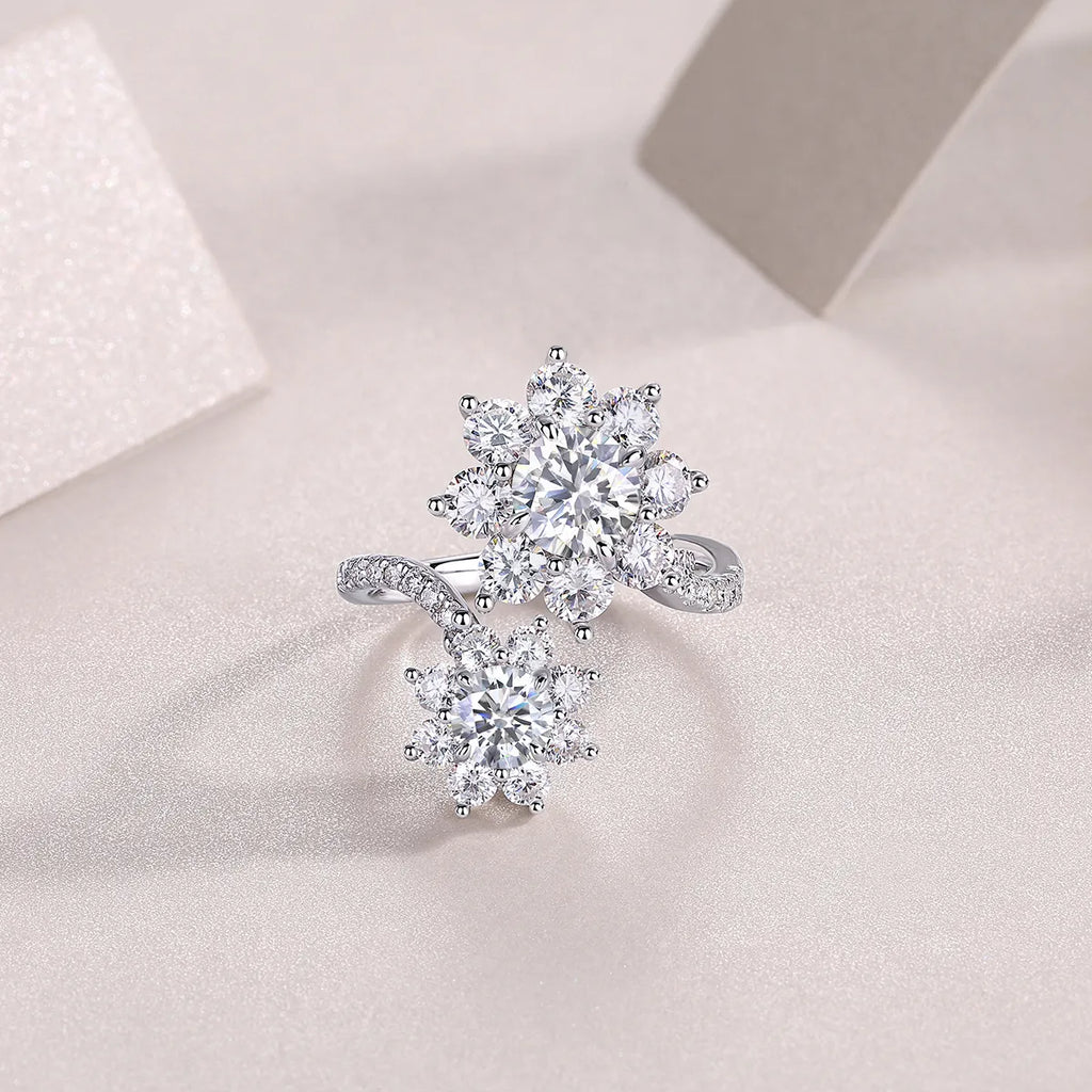 Two‑Flower Moissanite Ring S925 Silver Engagement Ring for Women