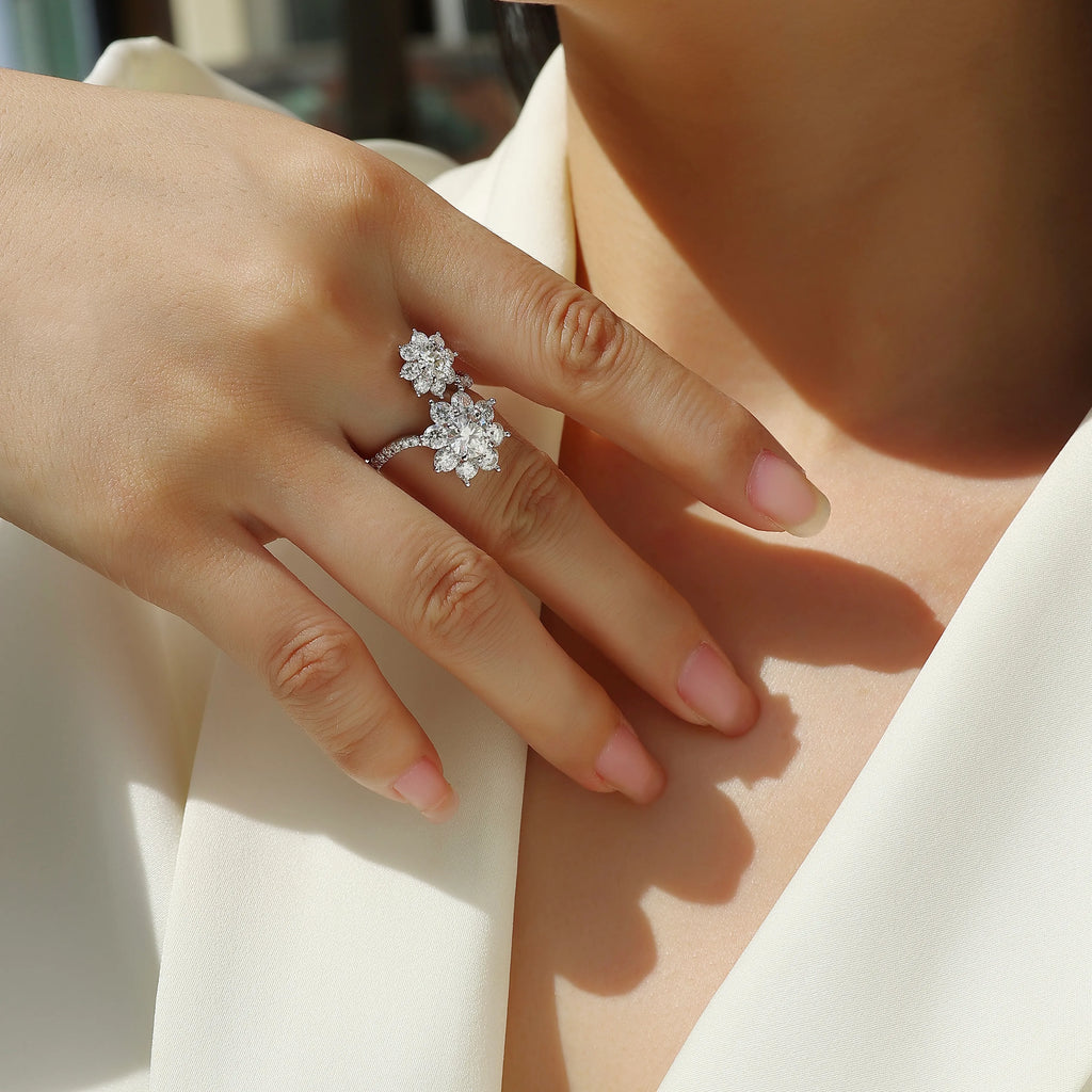 Two‑Flower Moissanite Ring S925 Silver Engagement Ring for Women