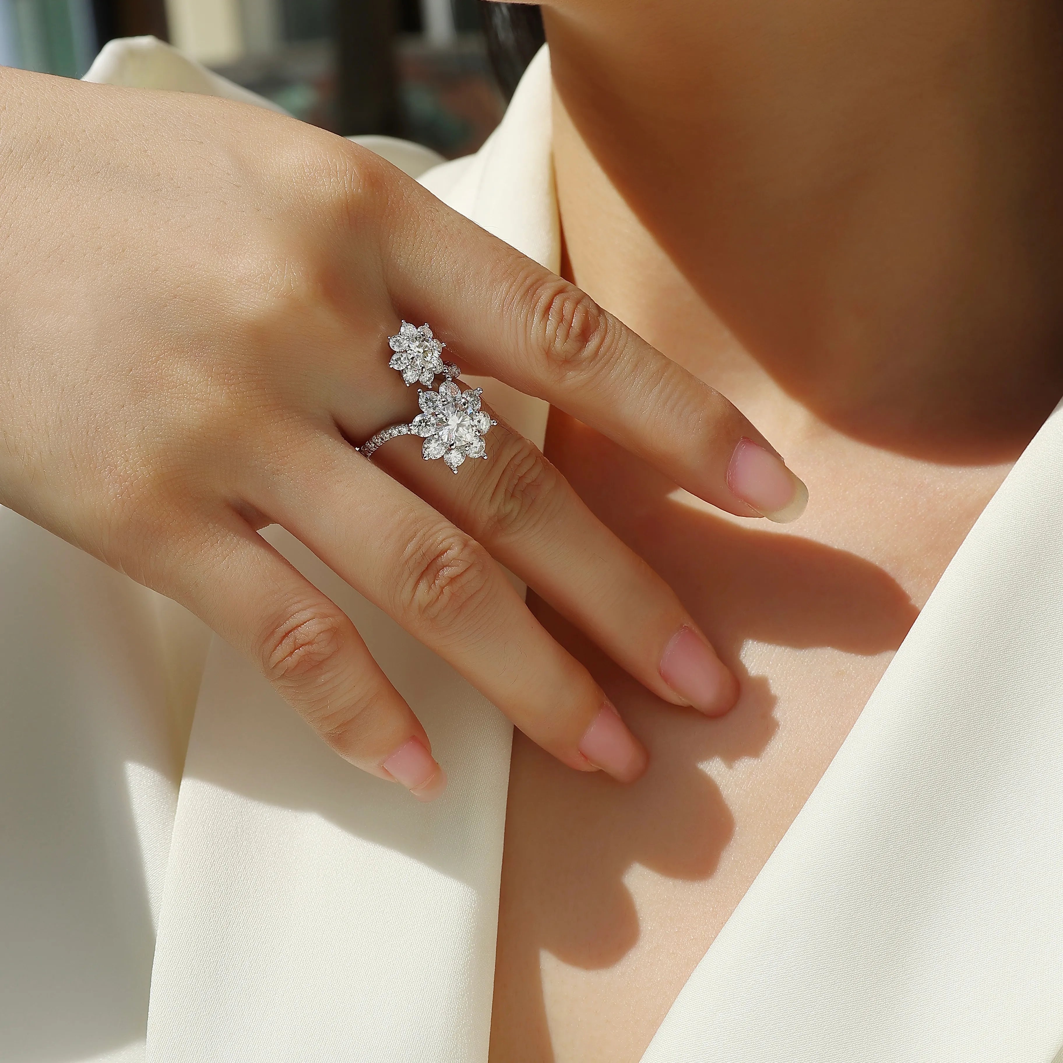 Two‑Flower Moissanite Ring S925 Silver Engagement Ring for Women