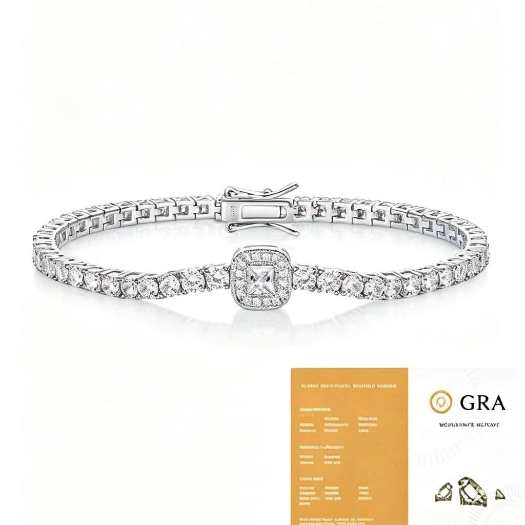 S925 Sterling Silver Center Square Halo Moissanite Tennis Bracelet for Women