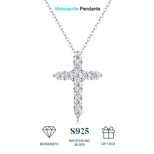Moissanite Cross Necklace, S925 Sterling Silver for Women