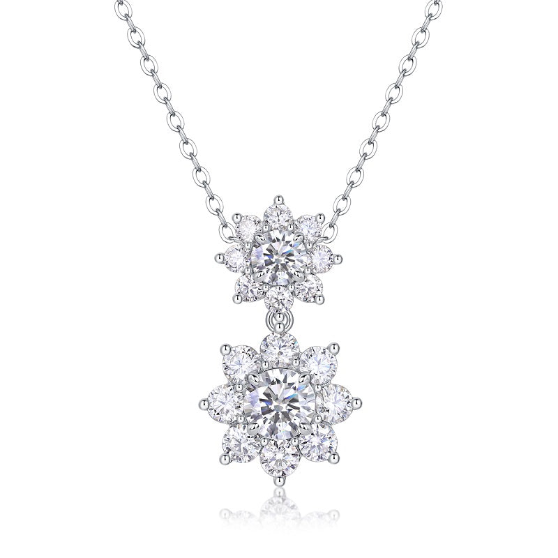 S925 Sterling Silver Double Snowflake Necklace for Women, Moissanite Pendant Necklace