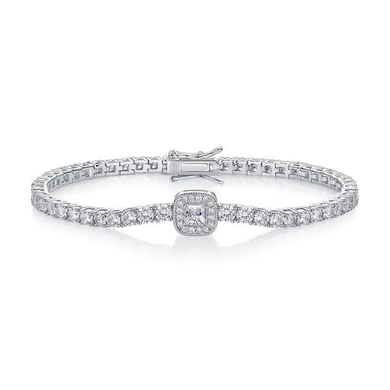S925 Sterling Silver Center Square Halo Moissanite Tennis Bracelet for Women