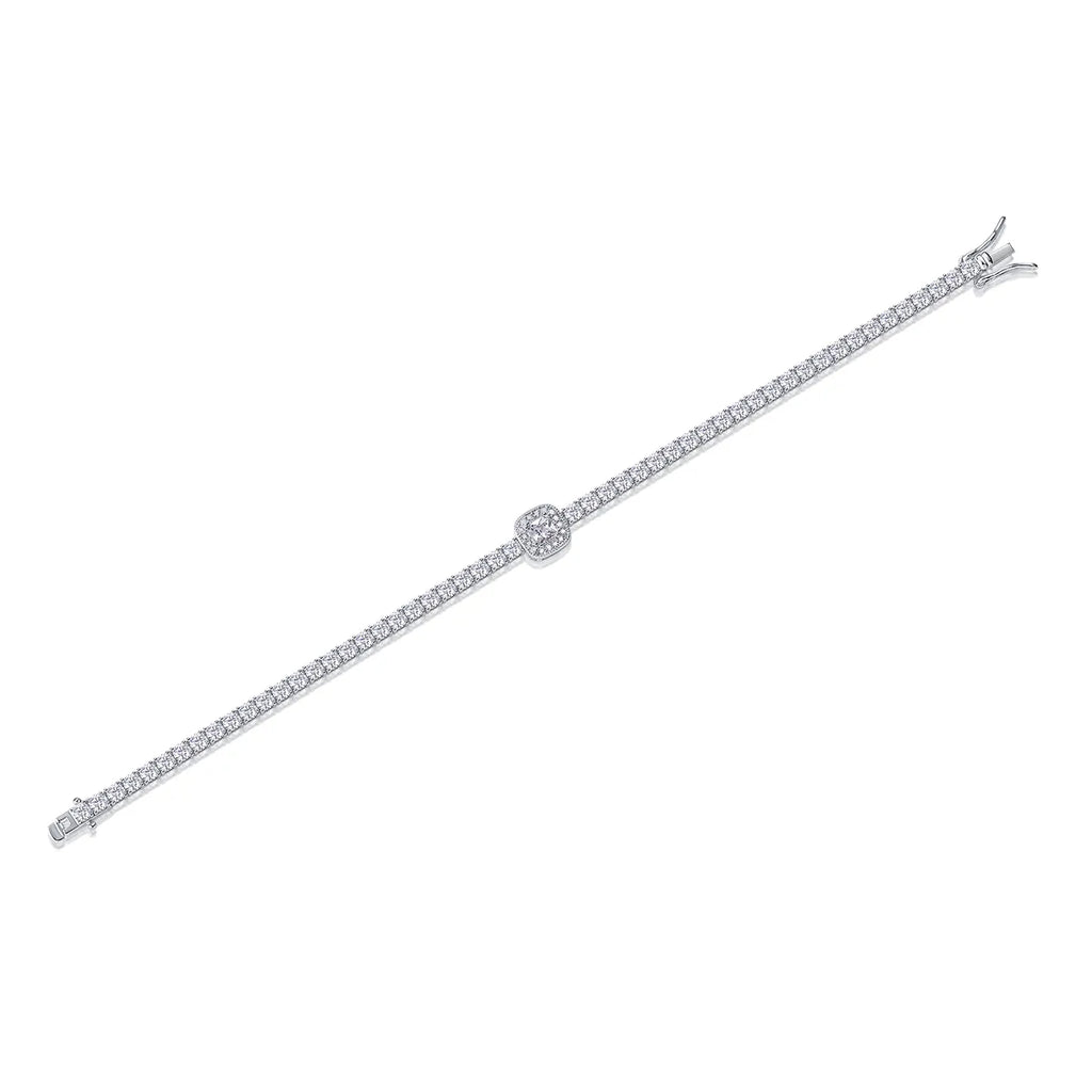 S925 Sterling Silver Center Square Halo Moissanite Tennis Bracelet for Women