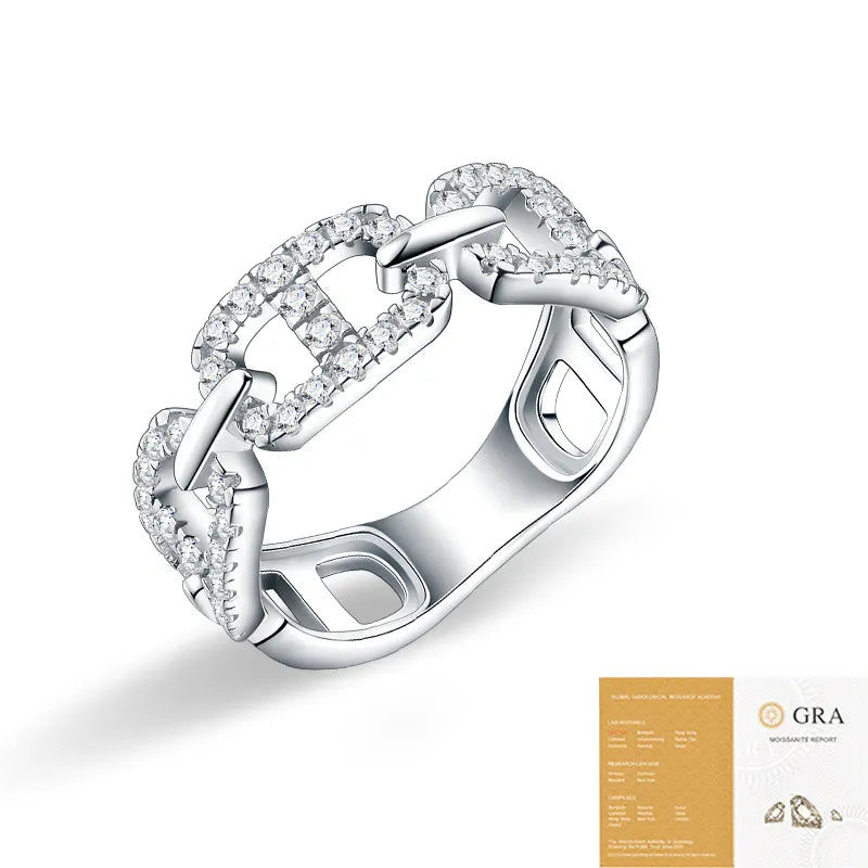 S925 Silver Moissanite Chain Ring, Sparkling Paved Moissanite Band for Ladies Daily Wear