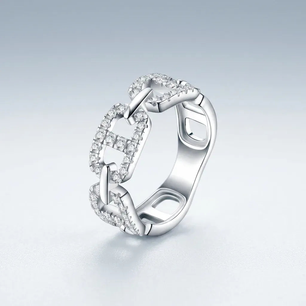 S925 Silver Moissanite Chain Ring, Sparkling Paved Moissanite Band for Ladies Daily Wear